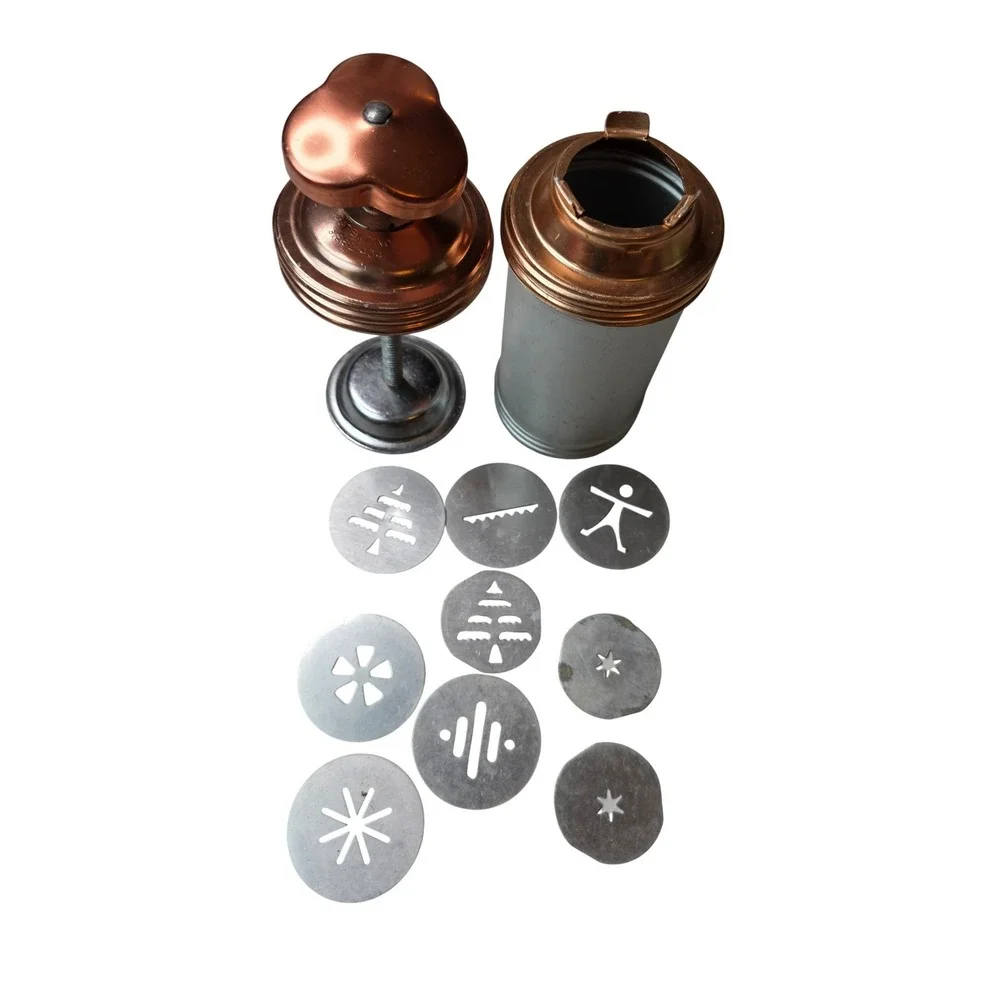 Vintage Copper Tone Cookie Press Decorator 9 Metal Discs Patent 3262404 Retro A2
